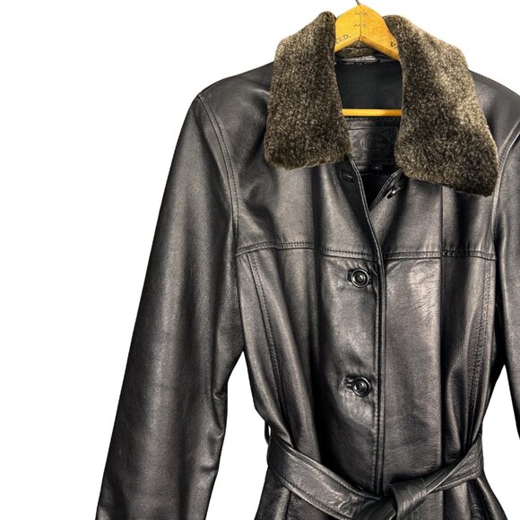 Vintage 90s Black Leather Belted Coat Removable Collar – The Olde Hide House - Picture 2 of 14